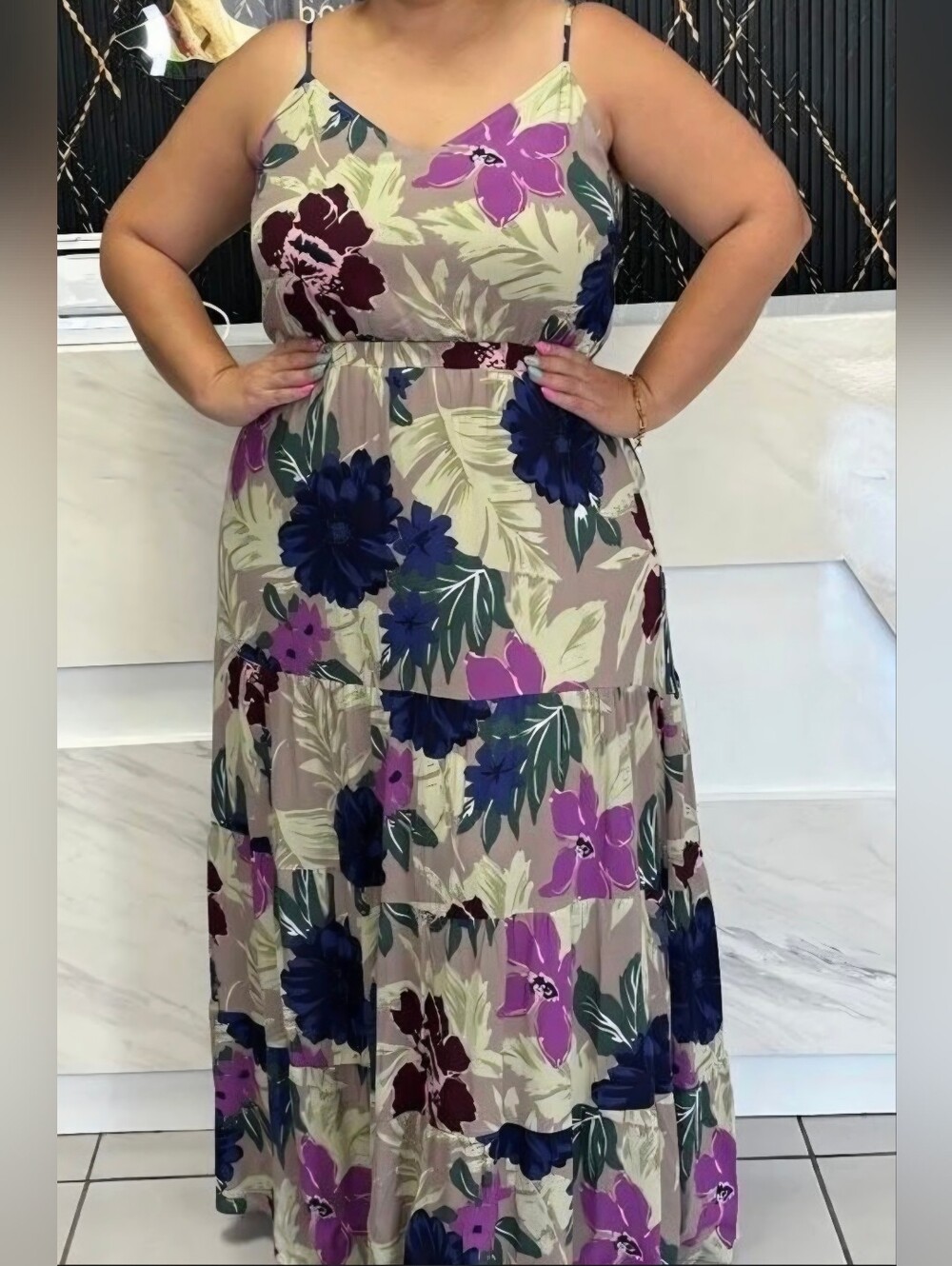 Floral Maxi Dress in Beige with Blue & Purple Blooms